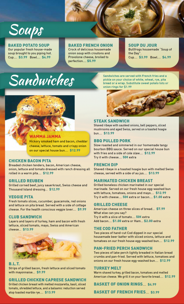 Menu Bullfrogs Bar